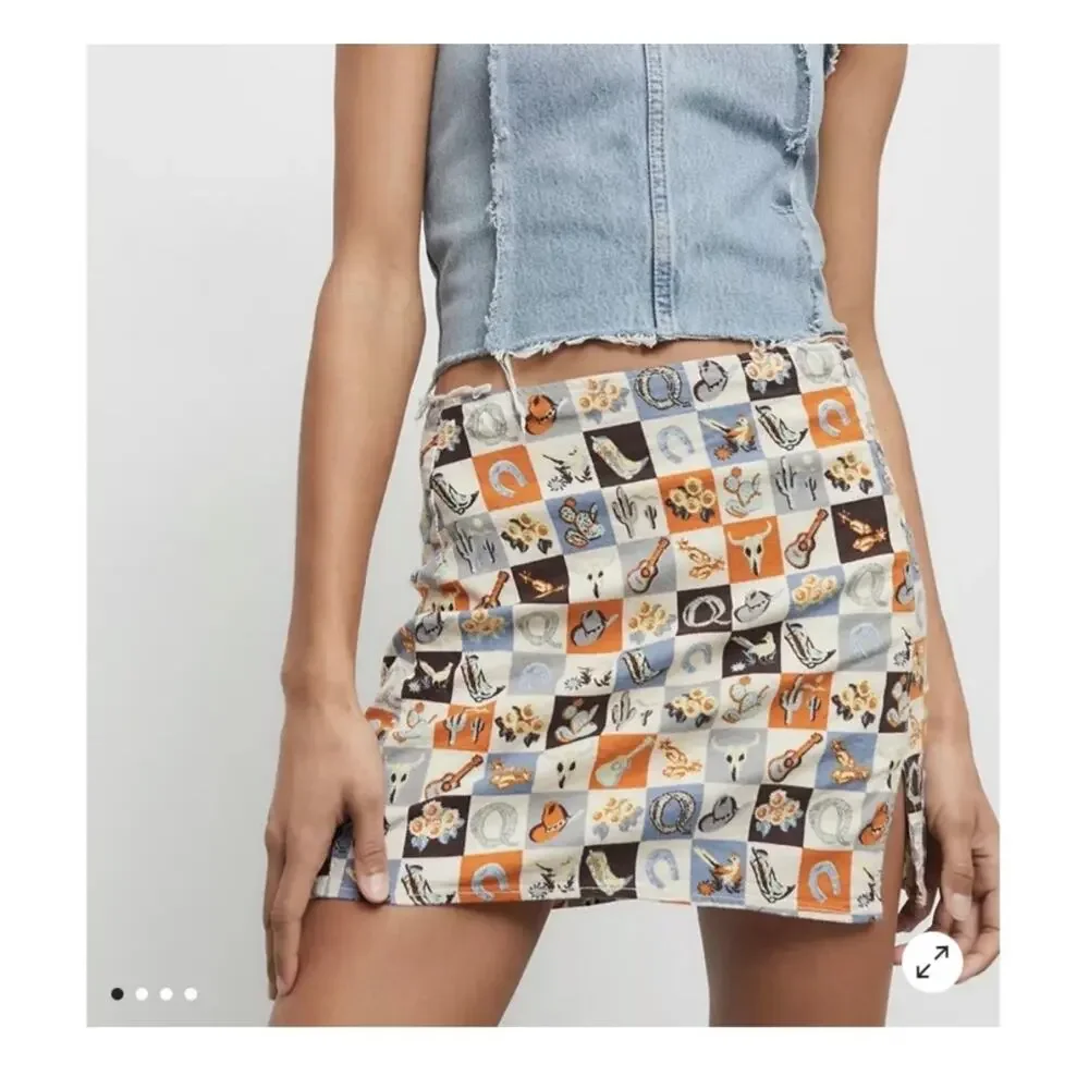 NWT Urban Outfitters Western Cowboy Mini Skirt Large Brown Blue Festival Boho